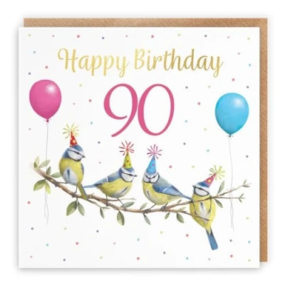 Image of Hunts England Blue Tits Funny 90th Birthday Card Luxury Gold Foil Milo&#039;s Gallery Age 90 Wildlife Birds Female For Year Old Animal Fan Ninety Her