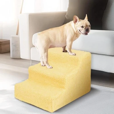 Image of CROWNSHOP 3 Steps Dog Ramp 45x35x30cm Non Slip Pet Stairs for Small Dogs and Cats Sofa (Beige, 45x35x30cm, 3)