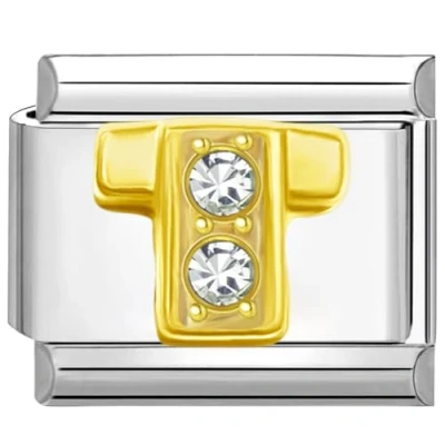 Image of Quiges 9mm Italian Style Charm Link Module Stainless Steel Zirconia Gold Alphabet Letter T for Bracelets