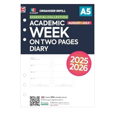 Image of Academic 2025/26 A5 size week on two pages diary organiser refill insert Filofax COMPATIBLE English UK holidays