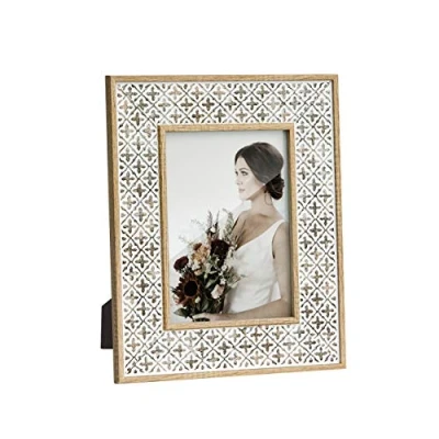 Image of Afuly 7x5 Photo Frame White Moroccan Bohemian Decor shabby Chic Oak 3D pattern Picture Frames for Wall and Tabletop Christmas Family Friend Women Mom Grandma Gifts