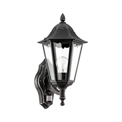Image of Eglo Navedo 1 Bulb Outdoor Wall Lamp, 6 Panel Lantern incl. Motion Detector, Made of Cast Aluminium and Glass, Colour: Black, Silver Patina, Socket: E27, IP44