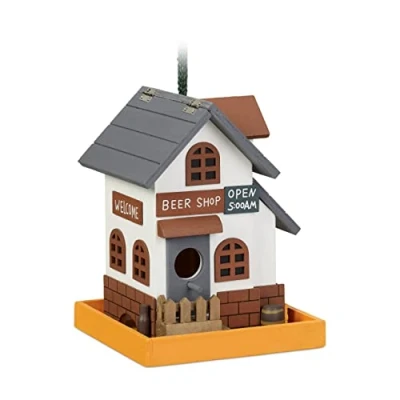 Image of Relaxdays Decorative Bird House, Folding Roof, H x W D: 23 18 cm, Wood, Colourful