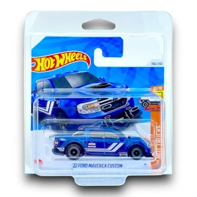 Image of Hot Wheels &#039;22 Ford Maverick Custom (Blue, White &amp; Red) 10/10 HW Trucks 2024 196/250 (Short Card) includes a KLAS Car Keeper Protector Case HRY78