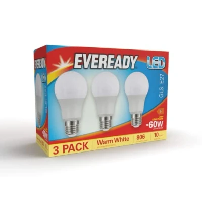 Image of Eveready E27 Screw Bulb Warm White LED for Ceiling Lights, Lamps &amp; Edison ES Fittings Long Lasting Energy Saving Light 3000k 806 Lumen 60w Equivalent Pack of 3