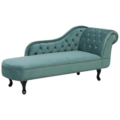 Image of Vintage Left Hand Chaise Lounge Velvet Fabric Chesterfield Mint Green Nimes