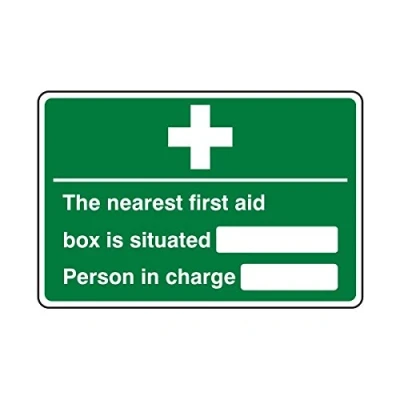 Image of 200mmx150mm Nearest First Aid Box Is Situated / Person In Charge Sign Sticker Self Adhesive
