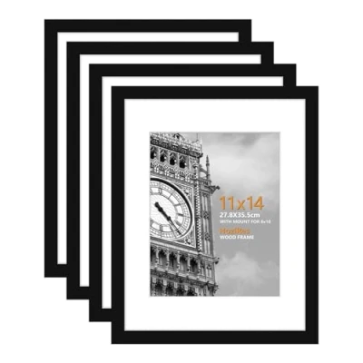 Image of HoziRes Picture Frames 11 x 14 inch, Wooden Photo with Mount in Black, Set of 4 for Tabletop and Wall Mounting, 27 35cm Poster Printing
