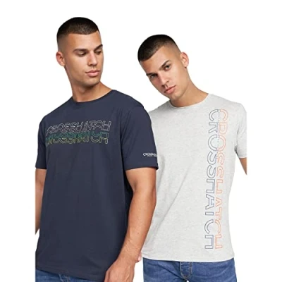 Image of Crosshatch Mens 2 Pack Premium Half Sleeve Crew Neck T Shirt with Letter Print Logo Design(S,CRAMTAR Navy/Grey Marl)