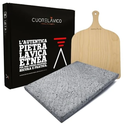 Image of CUORE LAVICO Etna Lava Stone Refractory Plate Kit for Pizza 39 x 30 2 cm + Shovel Gas Oven, Electric Oven and BBQ Bread Paste Made in Italy