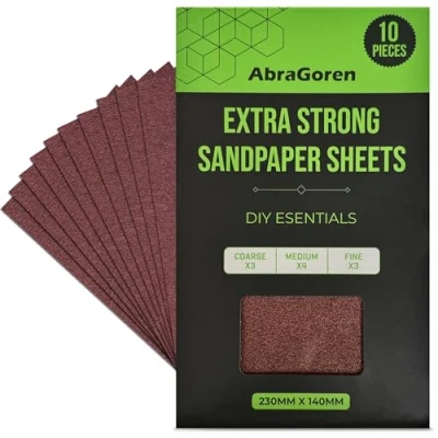 Image of Pack of 10 Sand Paper Sheets Mixed Grits, 3x Fine, 4x Medium, Coarse Assorted Sandpaper for Wood and Walls (Extra Strong)