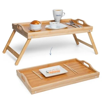 Image of Bamboo Bed Tray Table with Folding Legs &amp; Handles, 50 X 30 23.5cm Trays for Eating on Lap, Non Slip Wooden Tray, Multipurpose Serving Breakfast Lap Legs, Ideal Sofa,