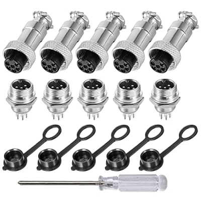 Image of Aiqeer 5 Pcs 6 Pin GX12 Aviation Connector, 12 mm Thread Panel Metal Cable 5A Male Female Connector Plug Socket Kit, with Rubber Cap and Phillips Screwdriver