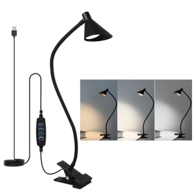Image of Qooltek LED Reading Light, Clamp Lamp 3 Color Modes 5 Brightness, Clip Light for Desk Bedside Table, 5W USB Powered with Flexible Arm，Black