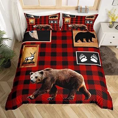 Image of Manfei Red Plaid Duvet Cover Set King Size, Wild Goose Bear Deer Comforter with 2 Pillowcases, Animal Hunting Theme Bedding 3pcs for Kids Boys Teens Bedroom Decor Wildlife Bedspread
