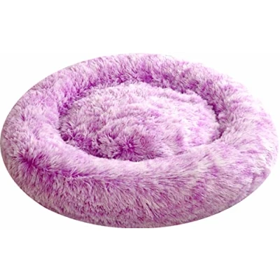 Image of Comlax Calming Donut Dog Beds XL, Round Cushion with Removable Washable Cover, Anti Anxiety Faux Fur Cuddler, Fluffy Comfy Furry Pet Bed (80cm, Purple)