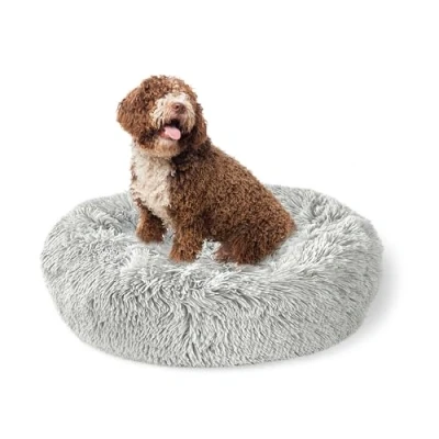 Image of Crystals Plush Donut Dog Bed, Self Warming Puppy Beds Machine Washable, Calming Round Cat Bed Soft and Fluffy Cuddler Pet Cushion, Light Grey (Small)