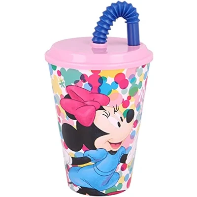 Image of Gold1 Kids Character Sports Tumbler 430ML Drinking Re usable Plastic Cup with Straw (Minnie Mouse)