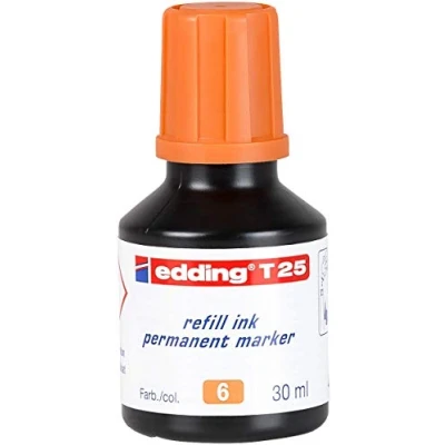 Image of edding T 25 refill ink permanent marker orange 30 ml with drop dispensing system, for quick refilling of almost all markers
