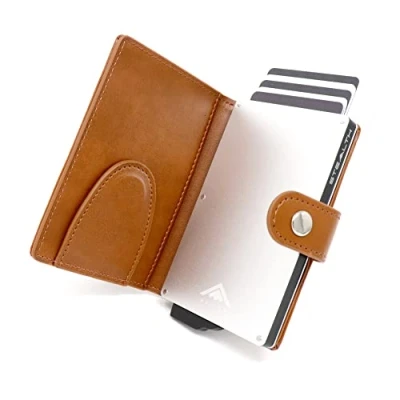 Image of Stealth Wallet RFID Card Holder Smart Minimalist Pop Up Wallets with Gift Box Slim Lightweight Metal Credit Holders for Men (Silver Aluminium, Tan Leather, Money Clip)