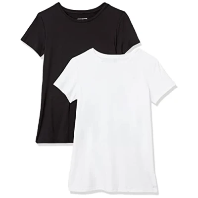 Image of Amazon Essentials Women&#039;s Tech Stretch Short Sleeved Crew Neck T Shirt (Available in Plus Size), Pack of 2, Black/White, S