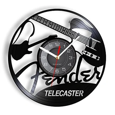 Image of Smotly Vinyl wall Clock, Music Guitar Instrument Theme Pattern clock with LED Night Light, is a gift for friends who love music. (Black)