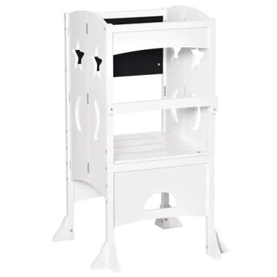 Image of HOMCOM Kids Step Stool Toddler Kitchen with Blackboard Lockable Handrail for Counter White
