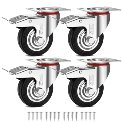 Image of GBL Heavy Duty Swivel Casters with 4 Brakes + Screws 75mm up to 200kg Pack No Floor Marks Silent Caster for Furniture Rubber Coated Trolley Wheels Silver