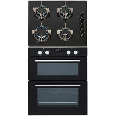Image of SIA 60cm Black Built Under Double Electric Fan Oven &amp; 4 Burner Gas On Glass Hob