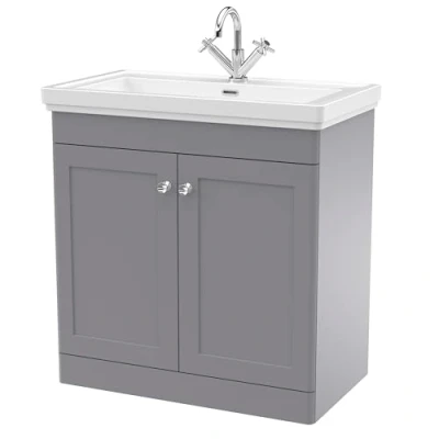 Image of Balterley Traditional Floor Standing 2 Door Vanity Unit with 1 Tap Hole Fireclay Basin, 800mm Satin Grey