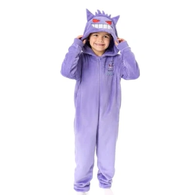 Image of Pokemon Gengar Boys Onesie Kids Character Graphic Print Hooded Sleepsuit with 3D Ears in Purple Childrens Pocket Monster Pajama Nightwear Classic TV Series Video Game Merchandise Gift