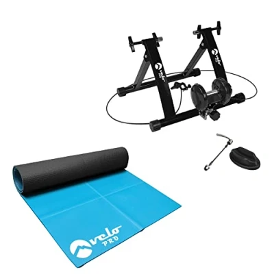 Image of Velo Pro Turbo Trainer and Exercise Mat Bundle Variable Resistance Magnetic Indoor Bike for Road &amp; Mountain Bicycles Stationary Stand Real Feel 26&quot; 28&quot; Wheels Black