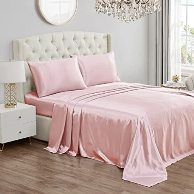 Image of Juicy Couture Satin Sheet Set Silky Smooth Bed Sheets Queen Size Bedding 4 Piece Includes Fitted Sheet, Flat and 2 Pillowcases Wrinkle Resistant Anti Pilling Pink