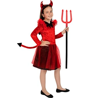 Image of Funidelia Devil Costume s for girl Demons, Devils, Halloween, Horror kids accessory fancy dress &amp; props carnival parties Size 7 9 years Red