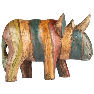 Image of Hand Carved and Painted Wooden Rhino in a Rustic Style