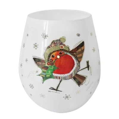 Image of Widdle Gifts Christmas Stemless Wine Glass, in Matching Gift Box, Statement Kitchenware for The Home, by Bug Art (Robin 6378)