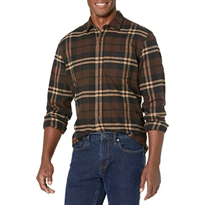 Image of Amazon Essentials Men&#039;s Long Sleeve Flannel Shirt (Available in Big &amp; Tall), Dark Brown Plaid, M