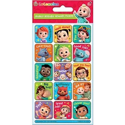 Image of Paper Projects 01.70.12.056 CoComelon Sparkly Reward Stickers Official Licensed Product Reusable on Non Porous Surfaces, Multicoloured, 19.5cm x 9.5cm