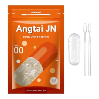Image of Angtai JN Empty Capsules Size 00 Clear Gelatin (100 Count) with Two Miro Lab Spoons Gel DIY Pure Bovine Capsule Filling Kosher, Gluten Free Non GMO Certified