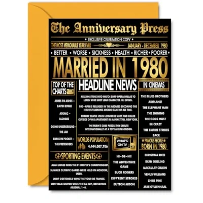 Image of Gold 45th Anniversary Card for Men Women Golden Newspaper Married in 1980 Happy 45 Year Wedding Companion Husband Partner Wife, A5 Anniversaries Greeting Cards