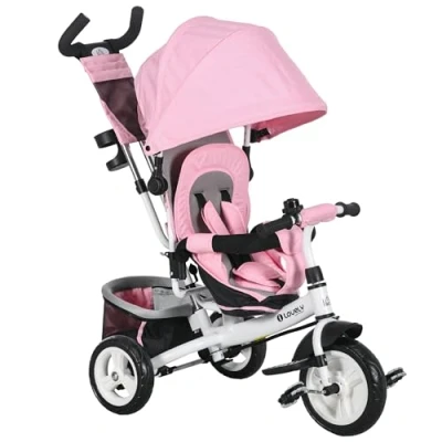 Image of HOMCOM 6 in 1 Trike, Kids Tricycle, Pedal Push Bike w/Push Handle, Removable Canopy, 5 point Safety Belt, Storage, Cushion, Footrest, Brake, for Years Toddler, Pink