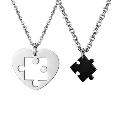 Image of Fu You 2 x Stainless Steel Couple Lovers Necklace for Women Men Silver Black Pendant 2, Separable Heart Puzzle Pendant, Best Friend Friendship