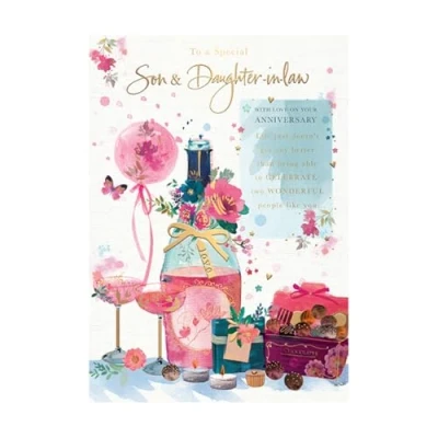 Image of Words n Wishes Special Son &amp; Daughter in Law Anniversary Card Champagne Chocolates Candles