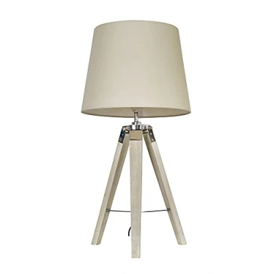 Image of MiniSun Modern Distressed Wood and Silver Chrome Tripod Table Lamp with a Beige Tapered Light Shade