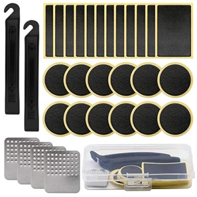 Image of SAVITA 30Pcs Bike Tire Patch Tyre Puncture Repair Kit, Bicycle Motorcycle Glueless Self Adhesive Patches with Metal Rasps, Portable Storage Box for Road Mountain and Commuter Bikes