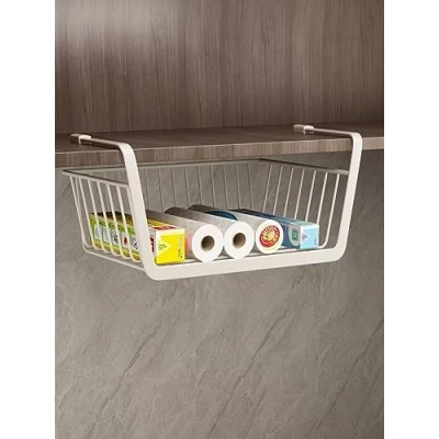 Image of Tielag Under Shelf Storage Basket, Hanging Metal Wire Cabinet Basket Organizer for Kitchen, Office, Pantry, Bathroom, Cabinet, White, 1 Pack
