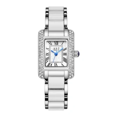 Image of JewelryWe Women Ceramic Rectangular Watch: Ladies Vintage Girls Easy to Read Analog Quartz Silver Strap Roma Numbers Diamond Business Dress Wrist Watches