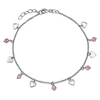Image of Multi Heart Crystal Pink Anklet Dangle Charms Ankle Bracelet For Women .925 Sterling Silver Adjustable 9 To 10 Inch With Extender