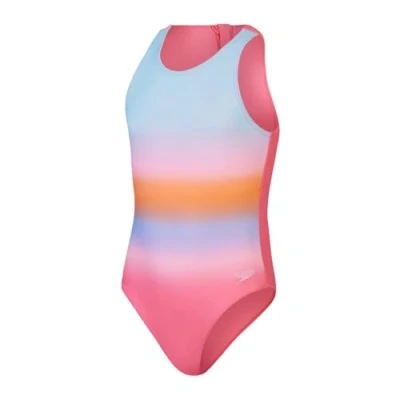 Image of Speedo Girls Printed Hydrasuit Swimming Costume Fandango Pink Marine Blue Funny Pumpkin Spice Size 13/14