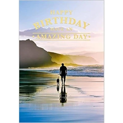 Image of Abacus Cards General Male &#039;Happy Birthday&#039; Card &#039;Man Walking Dog on Tranquil Beach&#039; Foil and Embossed Finish for Him The Graphite Range